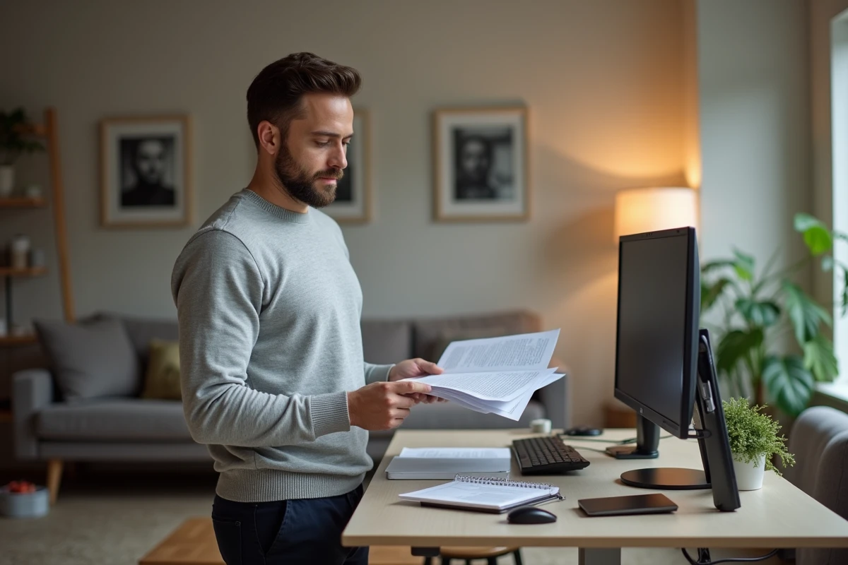 Homme en télétravail debout à son bureau réglable dans un espace de travail aménagé dans son salon