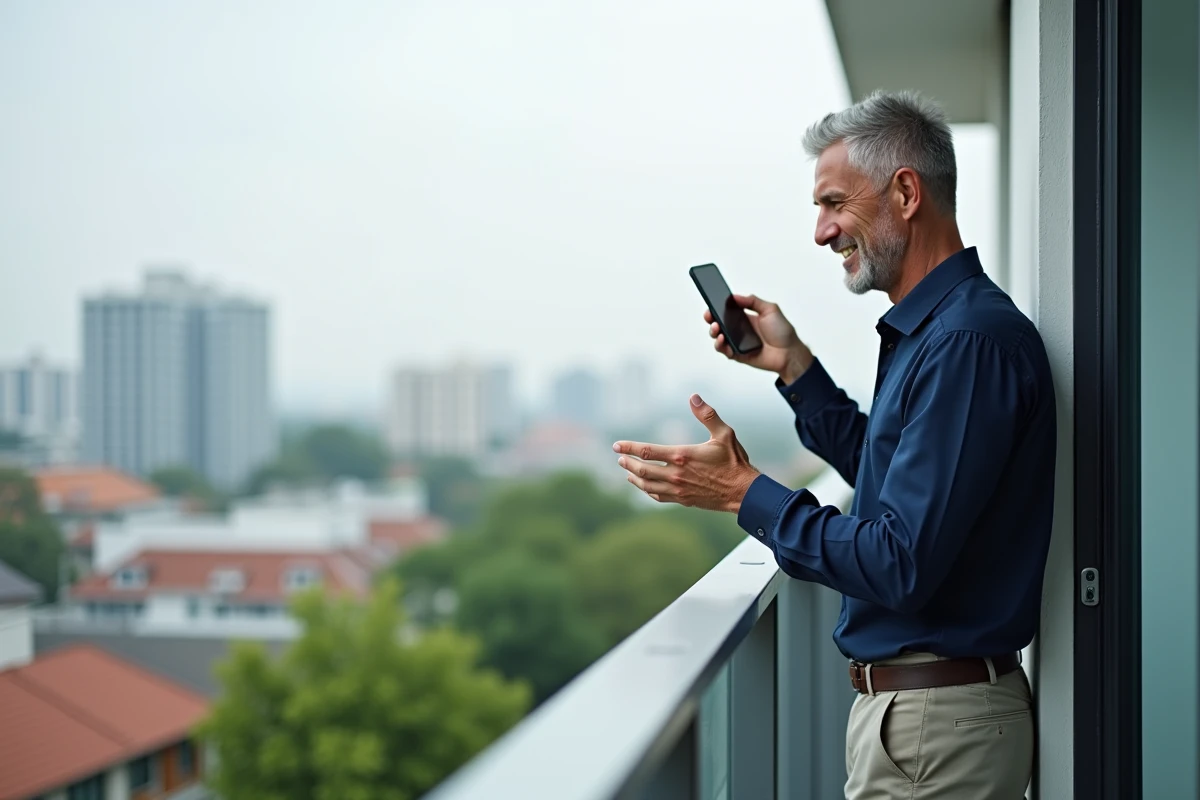 Homme en terrasse faisant un appel vidéo avec son smartphone