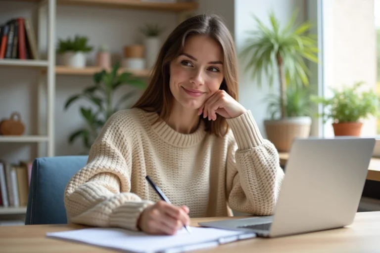 Jeune femme esquissant dans un bureau lumineux