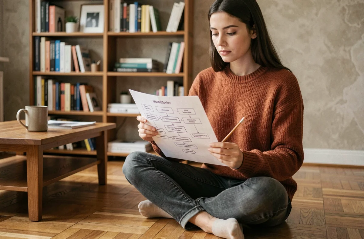 Jeune femme analysant un plan de site imprimé sur papier dans un intérieur chaleureux et cosy