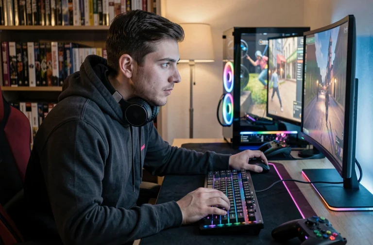 Joueur passionné concentré sur son setup gaming à domicile avec plusieurs écrans et périphériques
