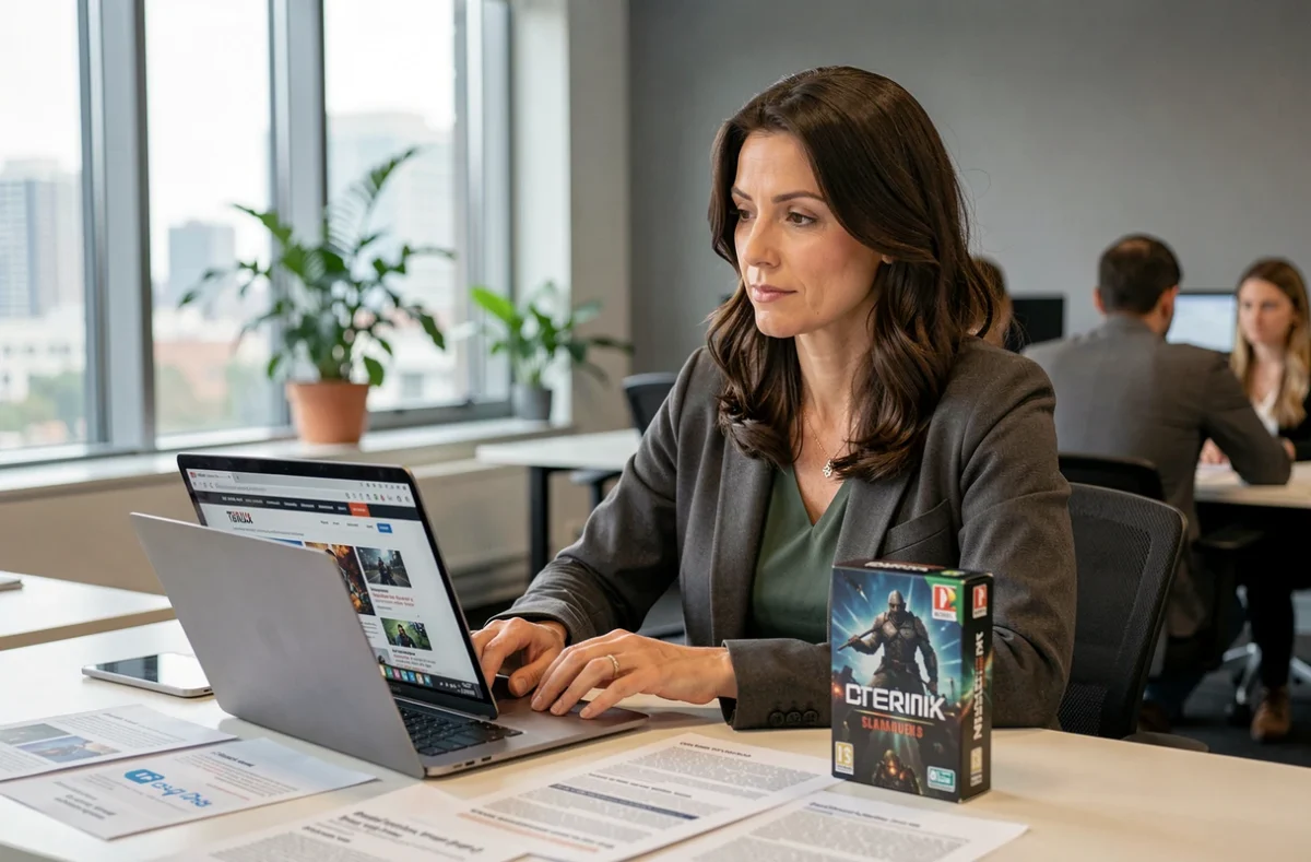 Journaliste spécialisée jeu vidéo analysant les dernières actualités gaming dans un bureau éditorial