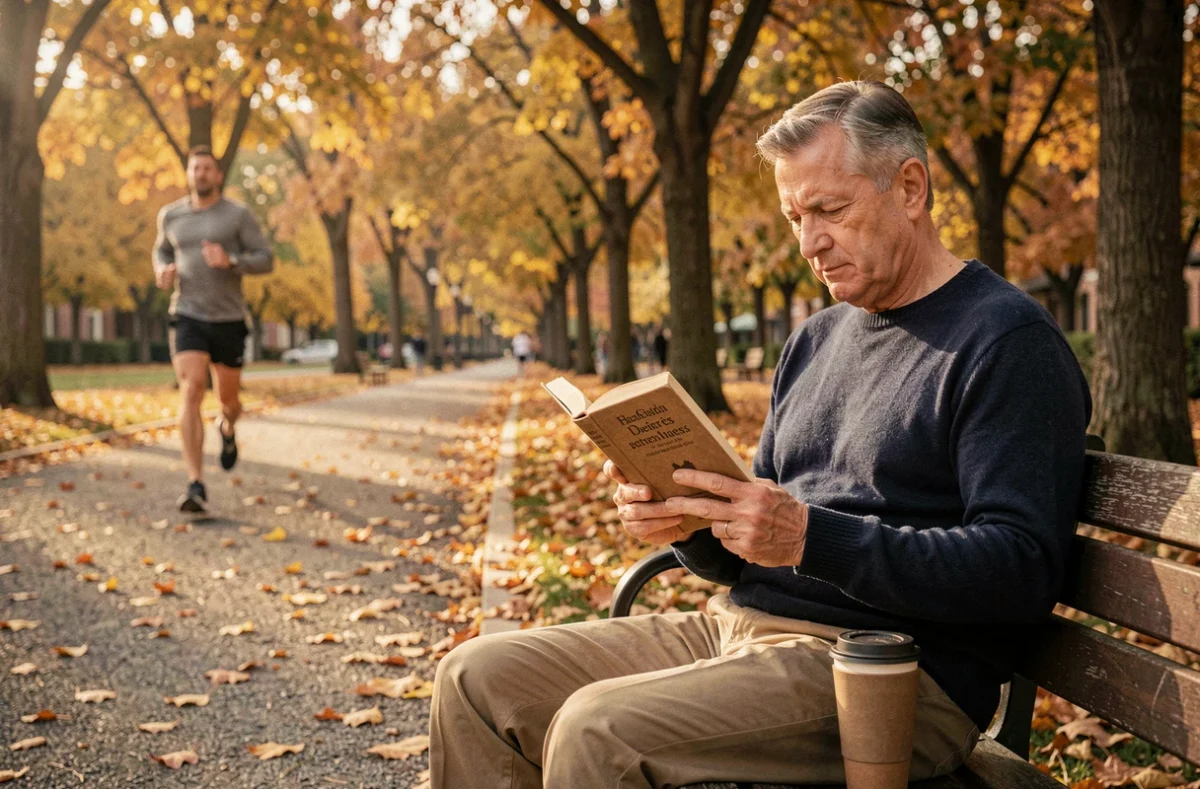Homme d'âge mûr lisant paisiblement sur un banc de parc en automne, représentant les loisirs solitaires comme pilier du bien-être au quotidien