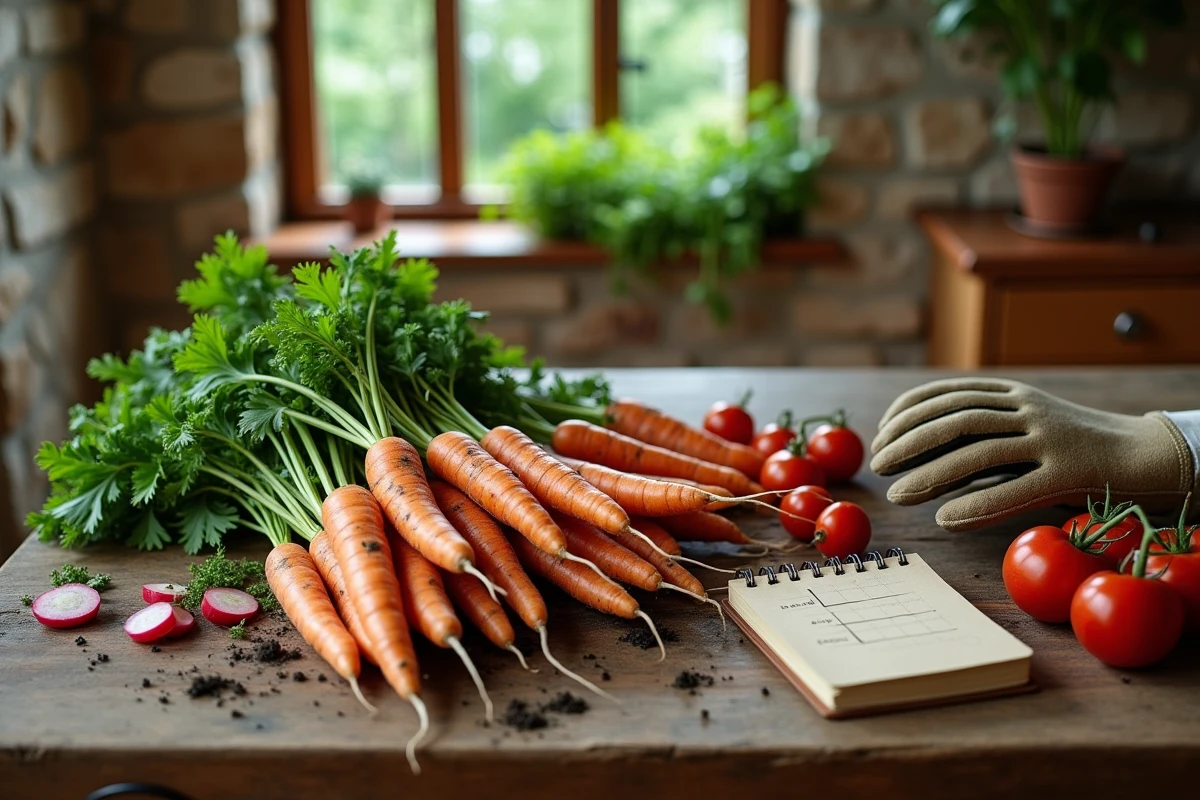 Légumes frais du potager disposés sur une table en bois rustique avec gants de jardinage et carnet de plantation, ambiance cuisine campagnarde