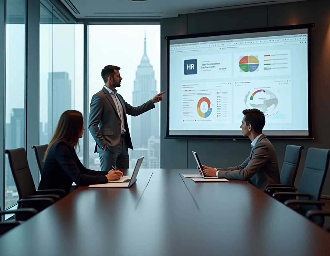 Manager RH présentant une comparaison de plateformes de gestion des ressources humaines lors d'une réunion d'entreprise