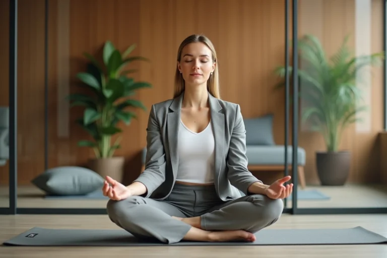 Femme cadre pratiquant la méditation en pleine conscience dans un espace bien-être d'entreprise moderne