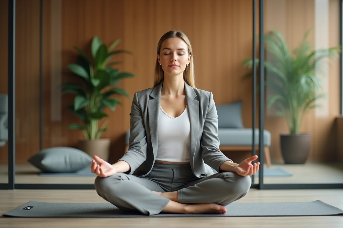 Femme cadre pratiquant la méditation en pleine conscience dans un espace bien-être d'entreprise moderne