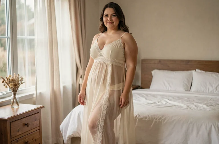 Femme grande taille portant une nuisette transparente en mousseline ivoire avec dentelle, dans une chambre décorée avec élégance