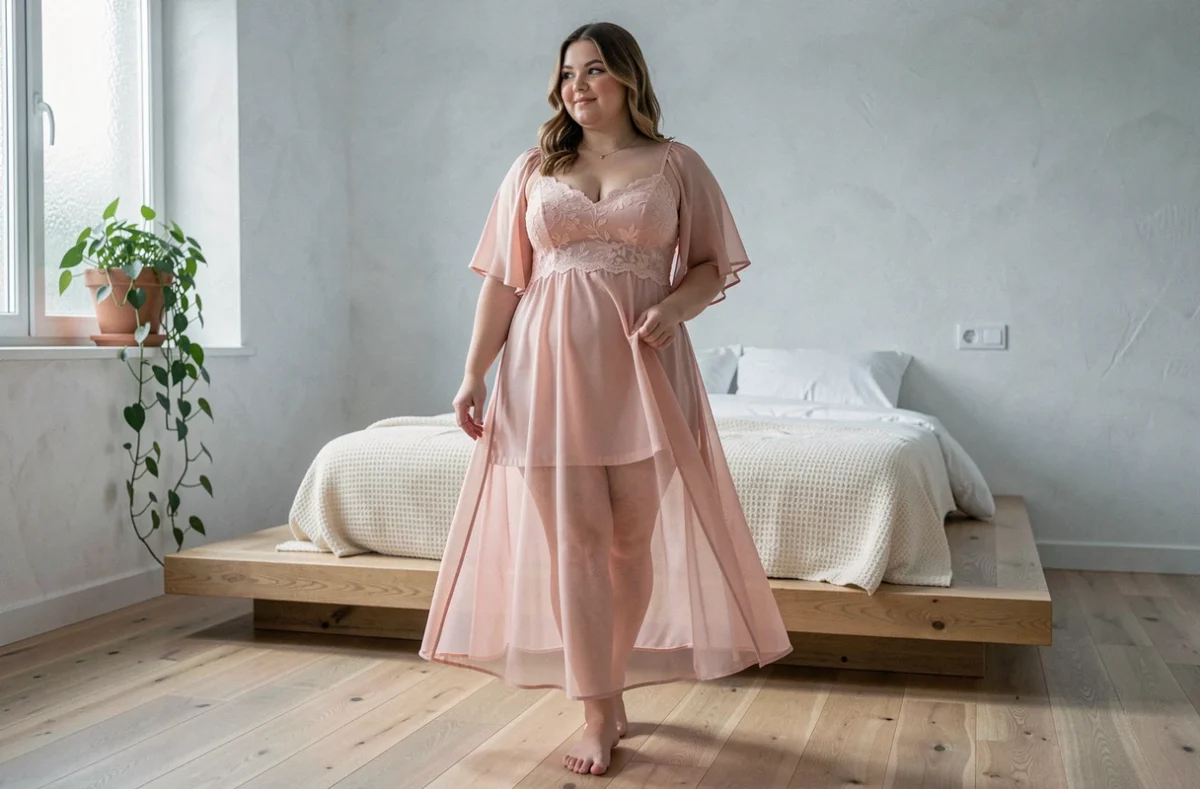 Jeune femme grande taille en nuisette rose transparente en organza à manches flottantes, dans une chambre au style scandinave minimaliste