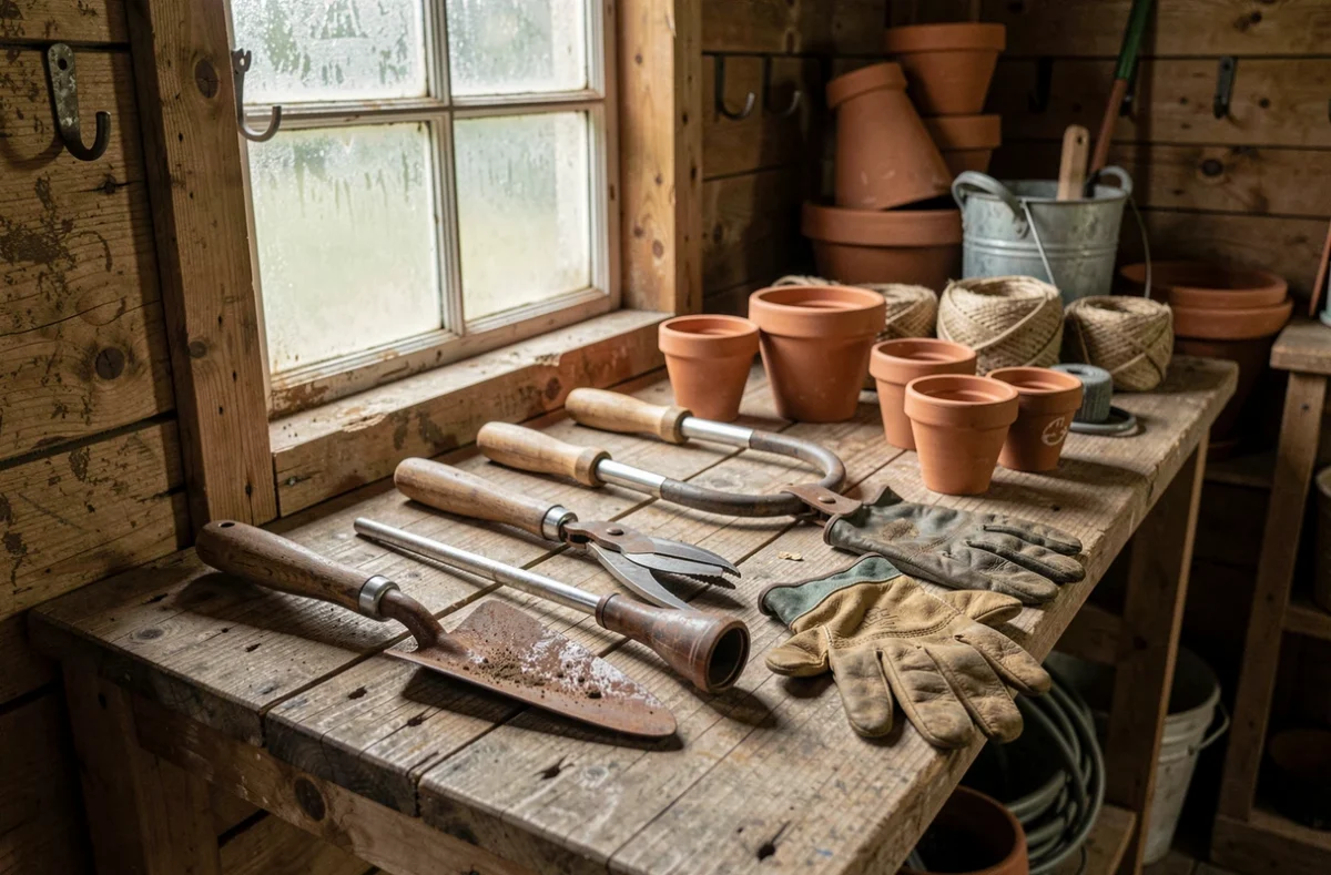 Outils de jardinage disposés sur un établi en bois dans un cabanon de jardin rustique
