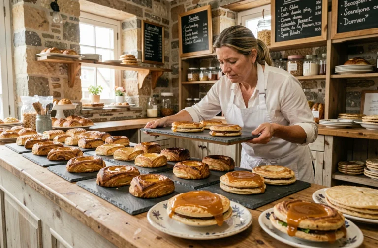 Vitrine d'une pâtisserie bretonne traditionnelle avec kouign-amann, far breton et galettes au beurre salé sur des ardoises rustiques