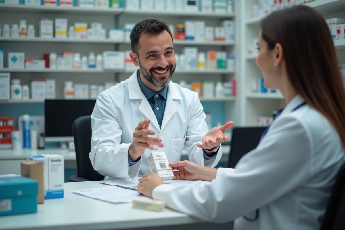 Pharmacien montrant un médicament à un client dans la pharmacie