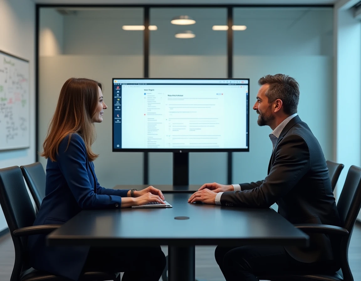 Deux professionnels analysant la structure de navigation d'un site d'emploi en salle de réunion