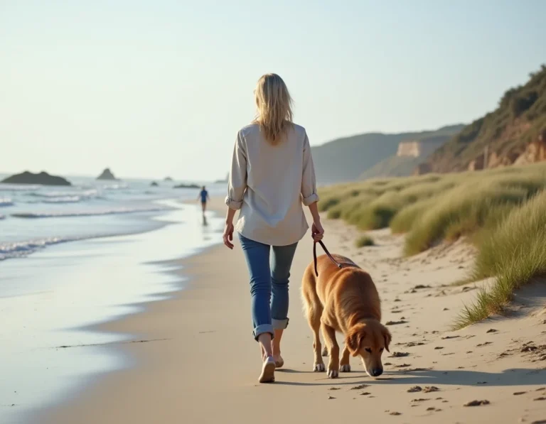 Femme se promenant avec son chien golden retriever en laisse sur une plage de sable près de Vannes en Bretagne