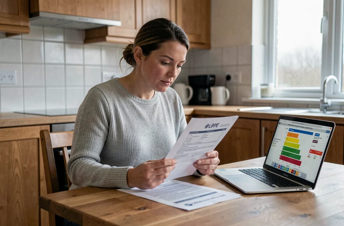 Propriétaire étudiant son diagnostic de performance énergétique à la table de sa cuisine avec un ordinateur portable