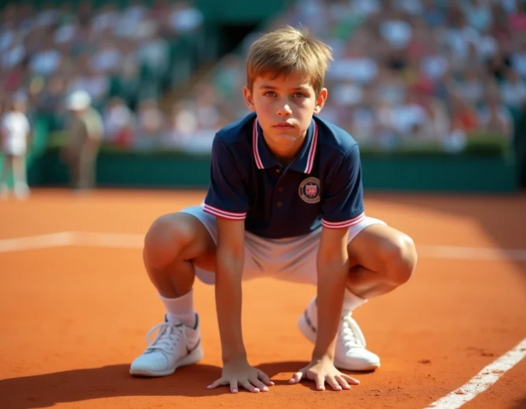 Ramasseur de balles en uniforme officiel accroupi sur le court en terre battue de Roland Garros