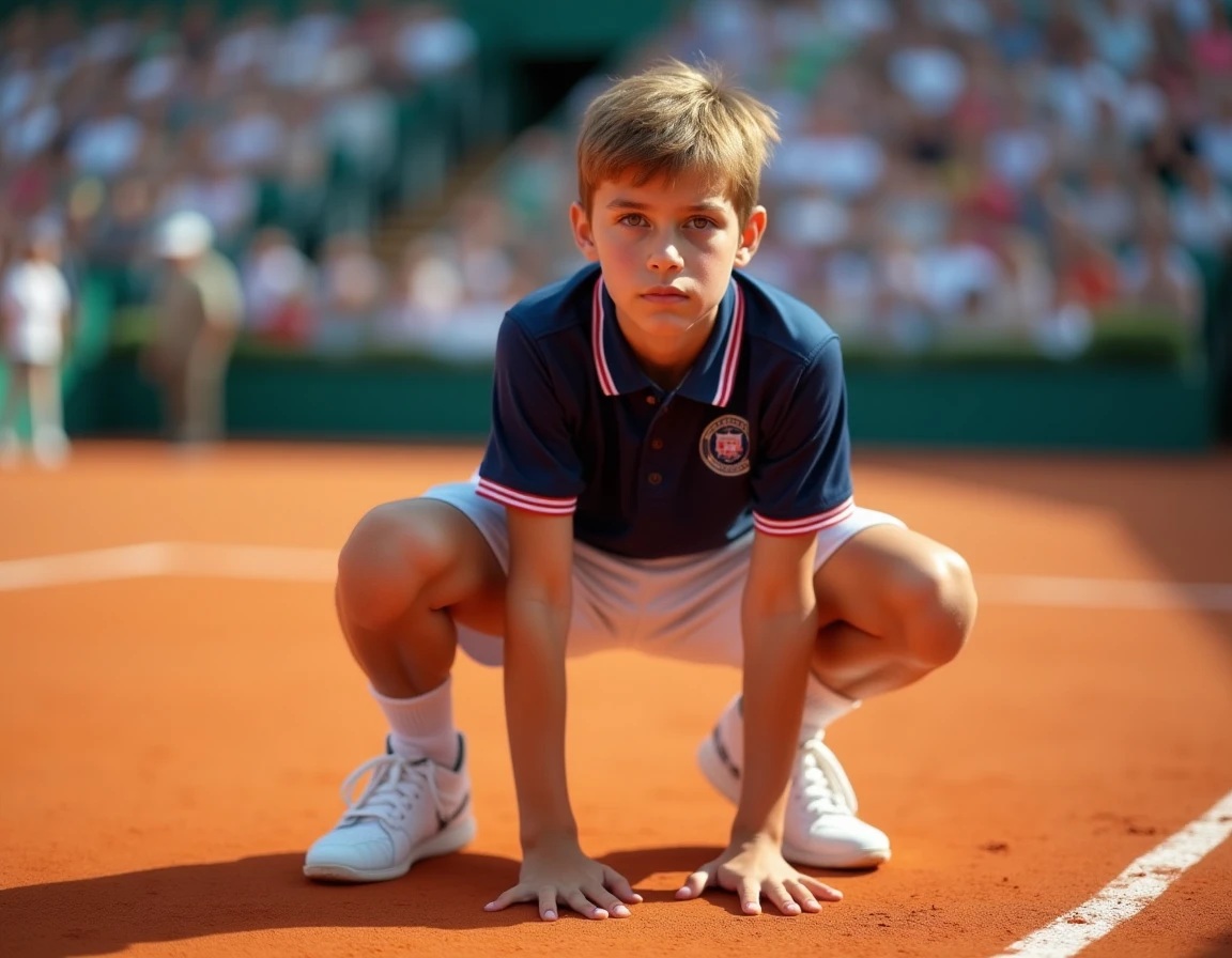 Ramasseur de balles en uniforme officiel accroupi sur le court en terre battue de Roland Garros