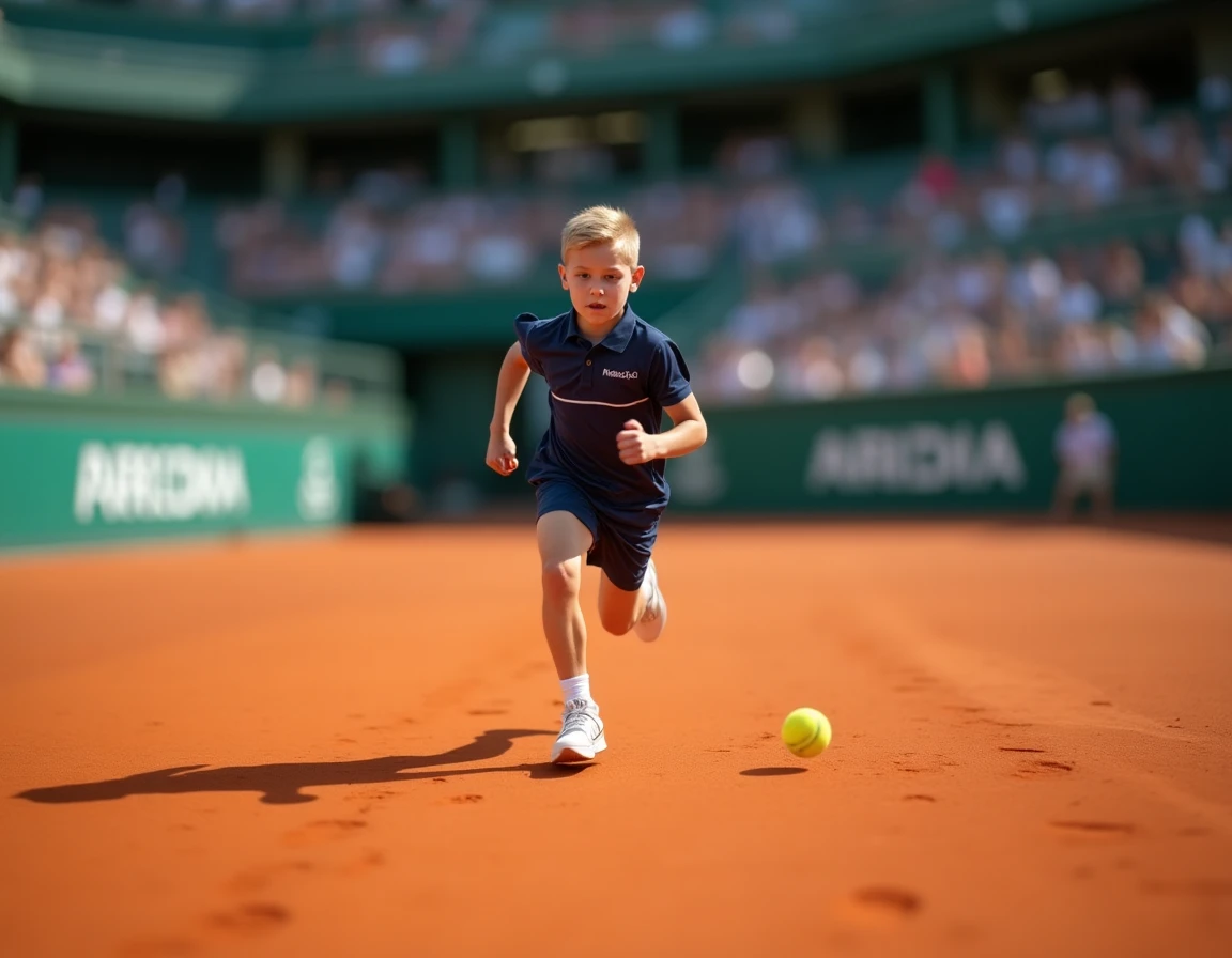 Ramasseur de balles en action sprintant sur la terre battue de Roland Garros pour récupérer une balle