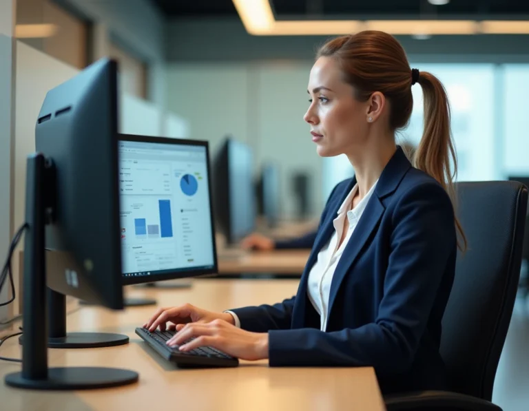Responsable RH comparant deux logiciels de gestion des ressources humaines sur un double écran dans un bureau moderne