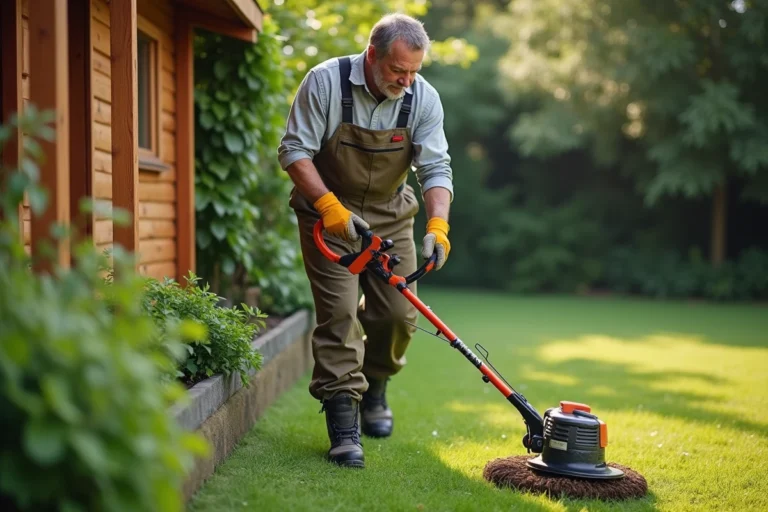 Homme d'âge moyen utilisant un taille-brosseur dans un jardin