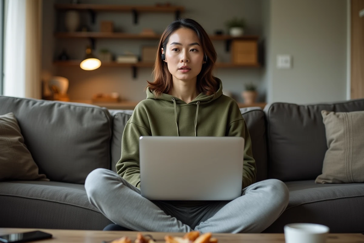Jeune femme en télétravail depuis son canapé en visioconférence, illustrant la difficulté de séparer vie pro et vie perso