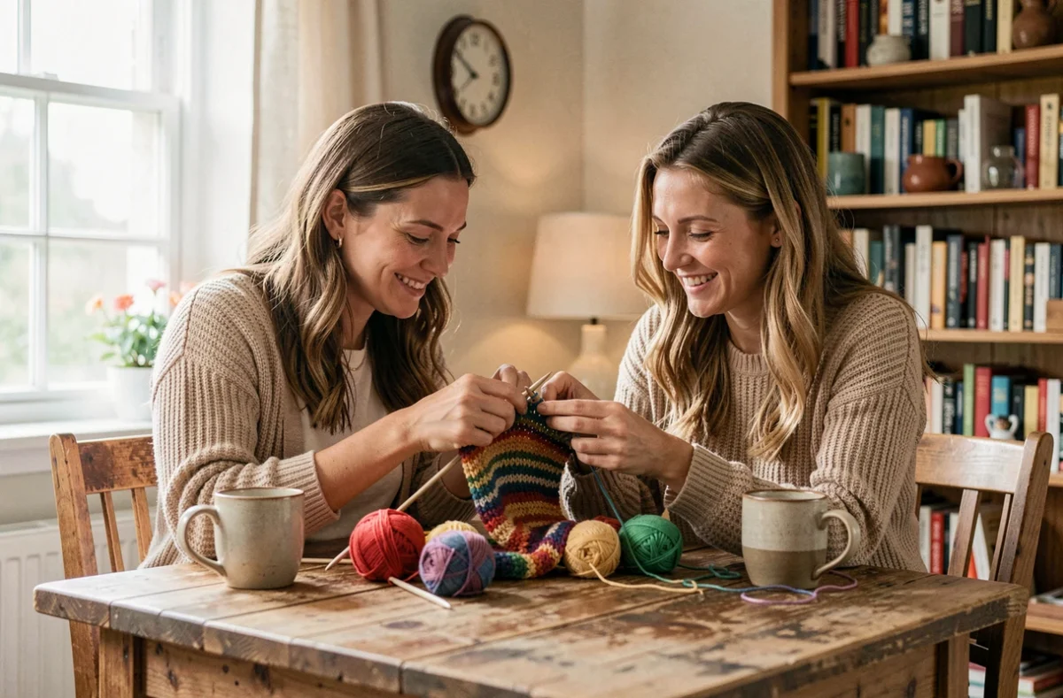 Deux femmes partageant un moment de tricot convivial dans une cuisine chaleureuse, illustrant les loisirs manuels comme source de lien social et de bien-être