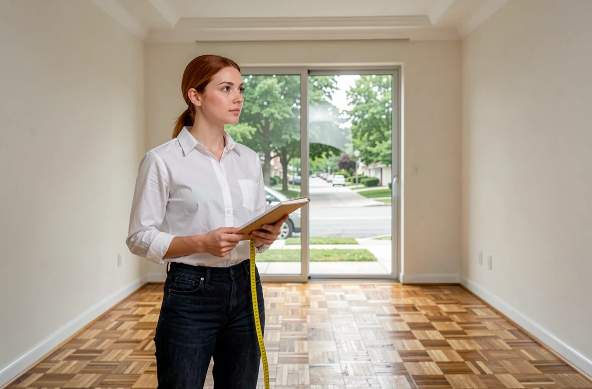 Jeune femme visitant une maison vide avec mètre ruban et carnet pour évaluer l'espace
