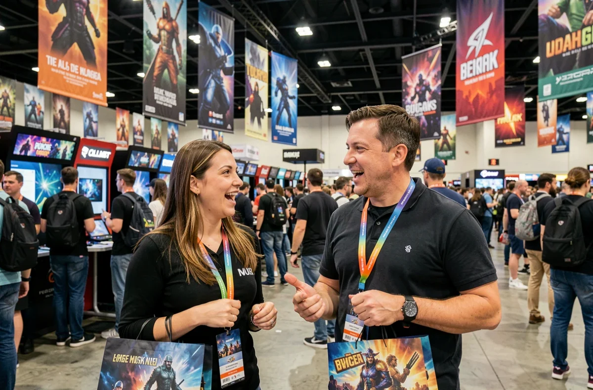 Deux visiteurs enthousiastes à un salon du jeu vidéo lors d'une convention gaming